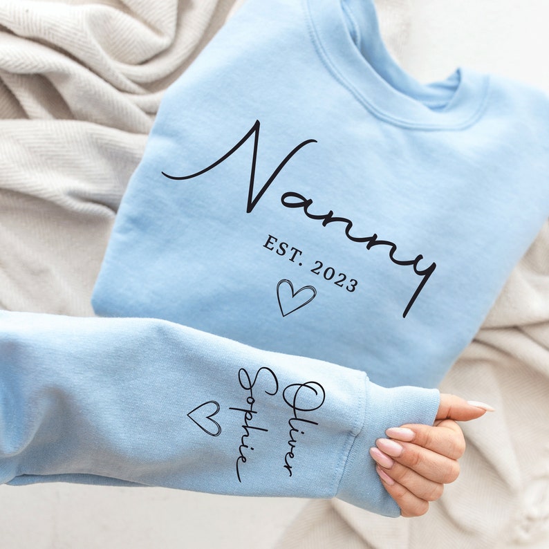 Custom Grandparent Sweatshirt with Kid Name on Sleeve, Personalized Nana jumper, Minimalist granny jumper, Christmas Gift for Nana Light Blue