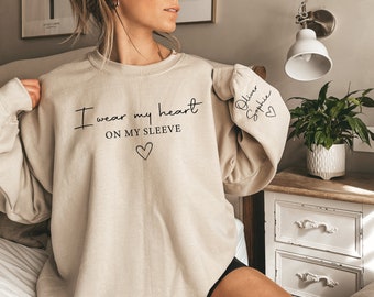 I Wear My Heart On My Sleeve Sweatshirt and Hoodie, Gift for Mum, Custom Mama Sweatshirt with Children Name on Sleeve, Mothers Day,