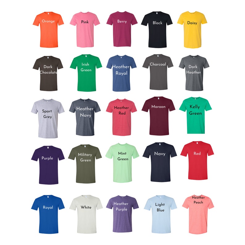May include: A chart of 25 different colored t-shirts with the color name printed on each shirt.