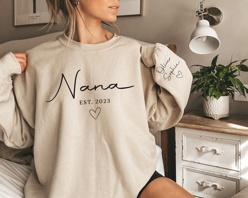 Custom Grandparent Sweatshirt with Kid Name on Sleeve, Personalized Nana jumper, Minimalist granny jumper, Christmas Gift for Nana Sand