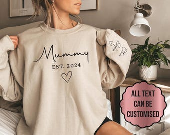 Custom Mummy Sweatshirt with Kid Name on Sleeve, Personalized Mum Sweatshirt, Minimalist Mummy jumper, Mother's Day Gifts for mums