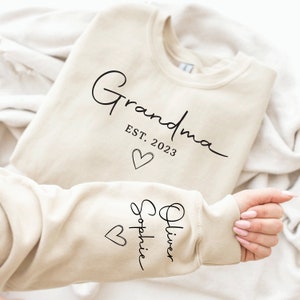 Custom Grandparent Sweatshirt with Kid Name on Sleeve, Personalized Nana jumper, Minimalist granny jumper, Christmas Gift for Nana image 2