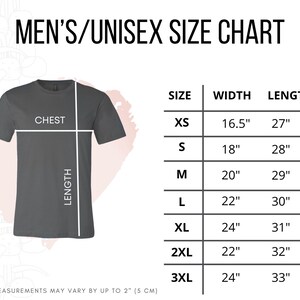 May include: Unisex size chart for shirts, showing measurements in inches for chest width and length. Sizes include XS, S, M, L, XL, 2XL, and 3XL.