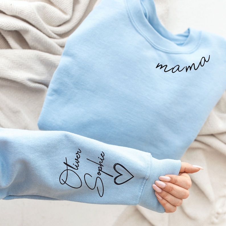 Custom Mama Sweatshirt with Kid Name on Sleeve, Personalized Mum Sweatshirt, Minimalist Mummy jumper, Christmas Gift for Mum, Gift for Her Light Blue