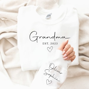 Custom Grandparent Sweatshirt with Kid Name on Sleeve, Personalized Nana jumper, Minimalist granny jumper, Christmas Gift for Nana White