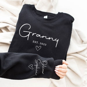 Custom Grandparent Sweatshirt with Kid Name on Sleeve, Personalized Nana jumper, Minimalist granny jumper, Christmas Gift for Nana Black
