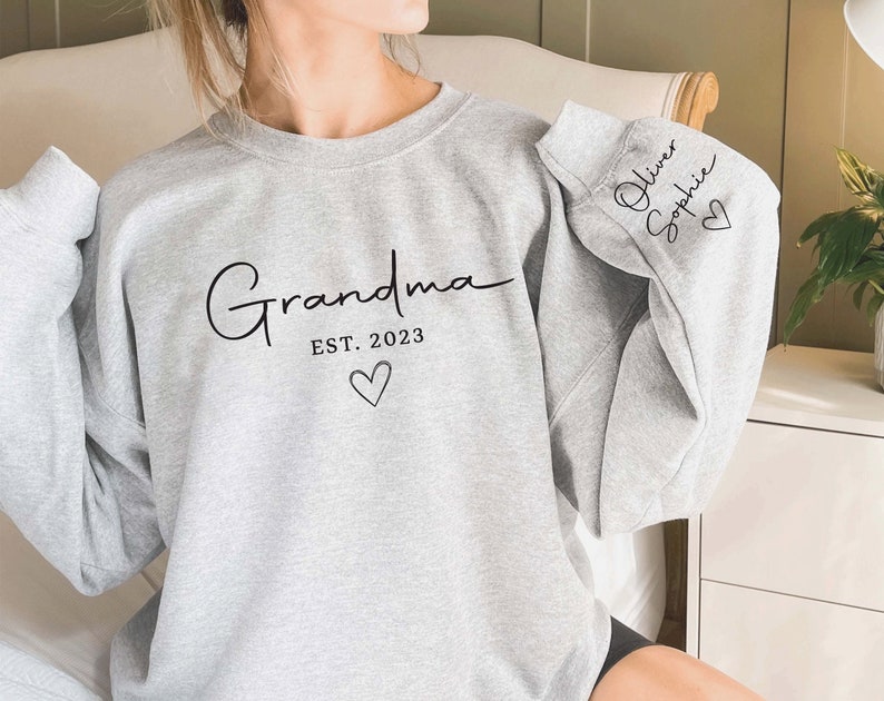 Custom Grandparent Sweatshirt with Kid Name on Sleeve, Personalized Nana jumper, Minimalist granny jumper, Christmas Gift for Nana Sport Grey