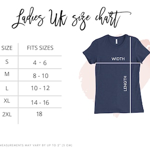 May include: A size chart for women's clothing, showing UK sizes and corresponding US sizes. The chart is displayed in a table format with the UK size in the left column and the corresponding US size in the right column. The chart also includes a diagram of a t-shirt with measurements for width and length.