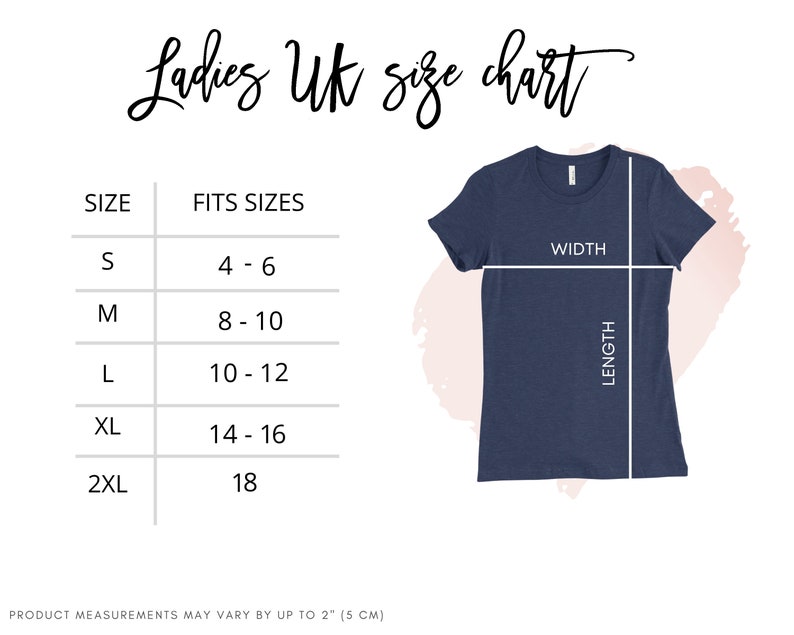 May include: A size chart for women's clothing, showing UK sizes and corresponding US sizes. The chart is displayed in a table format with the UK size in the left column and the corresponding US size in the right column. The chart also includes a diagram of a t-shirt with measurements for width and length.