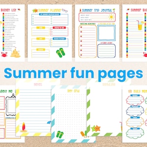K&ouml;nnte beinhalten: Ein Satz druckbarer Sommer-Spa&szlig;seiten mit bunten Illustrationen und linierten Fl&auml;chen zum Schreiben. Die Seiten beinhalten eine Sommer-Eimerliste, einen Sommerplaner, ein Sommer-Reisetagebuch, ein Punktgitter, eine Notizseite, eine "Alles &uuml;ber mich"-Seite und eine Seite f&uuml;r t&auml;gliche Erinnerungen.