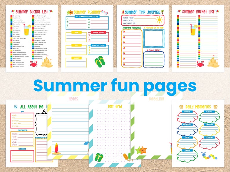 K&ouml;nnte beinhalten: Ein Satz druckbarer Sommer-Spa&szlig;seiten mit bunten Illustrationen und linierten Fl&auml;chen zum Schreiben. Die Seiten beinhalten eine Sommer-Eimerliste, einen Sommerplaner, ein Sommer-Reisetagebuch, ein Punktgitter, eine Notizseite, eine "Alles &uuml;ber mich"-Seite und eine Seite f&uuml;r t&auml;gliche Erinnerungen.