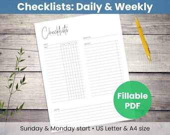 Checklisten zum ausdrucken: Minimalistische Planer Vorlage, täglicher habit tracker, wöchentliche To-Do Liste, So + Mo Start (digitaler Download & ausfüllbares PDF)