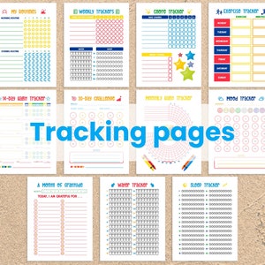 K&ouml;nnte beinhalten: Ein Satz druckbarer Tracking-Seiten mit farbenfrohen Designs. Die Seiten beinhalten Tracker f&uuml;r Routinen, w&ouml;chentliche Gewohnheiten, Aufgaben, Bewegung, Stimmung, Wasseraufnahme, Schlaf und Dankbarkeit.