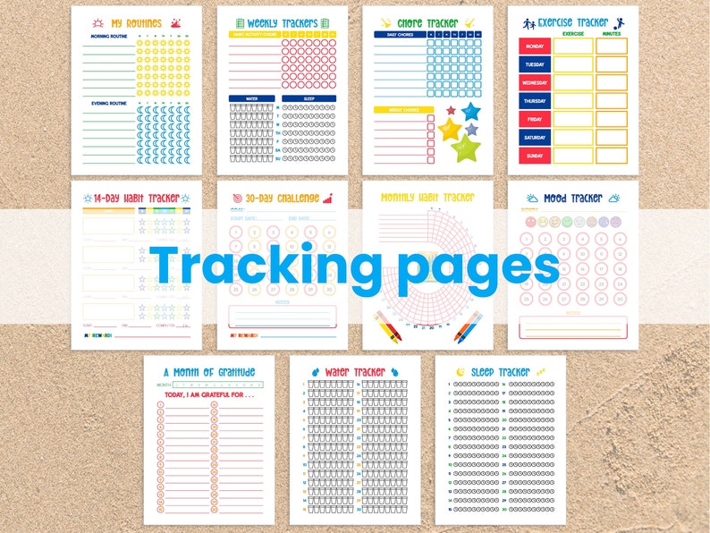 K&ouml;nnte beinhalten: Ein Satz druckbarer Tracking-Seiten mit farbenfrohen Designs. Die Seiten beinhalten Tracker f&uuml;r Routinen, w&ouml;chentliche Gewohnheiten, Aufgaben, Bewegung, Stimmung, Wasseraufnahme, Schlaf und Dankbarkeit.