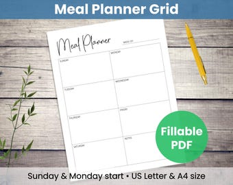 Wöchentlicher Mahlzeitenplaner: Minimalistische Vorlage | 7-Tage Stundenplan Gitter, Start Sonntag oder Montag (Digitaler Download & ausfüllbares PDF)