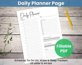 Printable Tagesplaner: Minimalistische Vorlage | Stundenplan, To-Do-Liste, Wassertracker, Schlaftracker (Digitaler Download & ausfüllbares PDF)