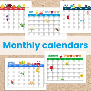 K&ouml;nnte beinhalten: Ein Satz von zehn druckbaren Monatskalendern mit Sommer- und Herbstmotiven. Jeder Kalender hat ein anderes Design mit verschiedenen Symbolen und Illustrationen, darunter ein Marienk&auml;fer, eine Blume, eine Gie&szlig;kanne, ein Strandball, ein Eis am Stiel, eine Wassermelone, ein Pilz und eine Sonnenblume.