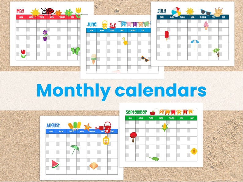 K&ouml;nnte beinhalten: Ein Satz von zehn druckbaren Monatskalendern mit Sommer- und Herbstmotiven. Jeder Kalender hat ein anderes Design mit verschiedenen Symbolen und Illustrationen, darunter ein Marienk&auml;fer, eine Blume, eine Gie&szlig;kanne, ein Strandball, ein Eis am Stiel, eine Wassermelone, ein Pilz und eine Sonnenblume.