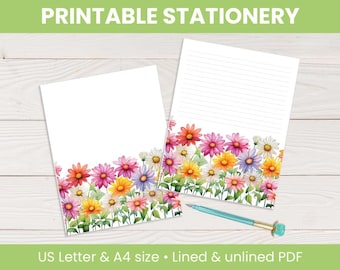 Colorful Daisies Printable Stationery: Lined & unlined, floral letter writing paper, US Letter Size and A4 (Digital Download)