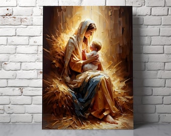 Mary and Baby Jesus Nativity Printable Wall Art: Christian impasto painting of Christmas stable scene (Digital Download)