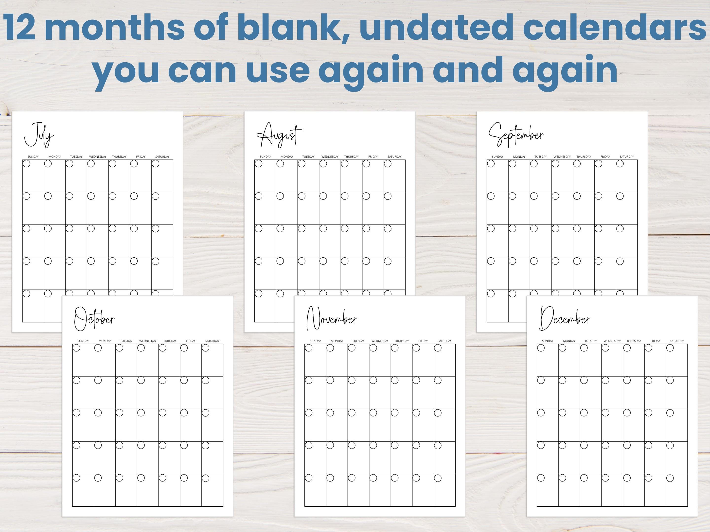Fillable Savable Calendar Blank Monthly Calendars Printable: Minimalist Template, Year of Planner ...
