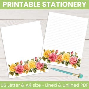 Roses in Bloom Printable Stationery: Lined & unlined, floral letter writing paper, US Letter Size and A4 (Digital Download)