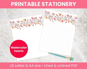 Herzen Briefpapier zum Ausdrucken: Liniert & unliniert, Aquarell Briefpapier zum Ausdrucken, US Letter und A4 (Digitaler Download)