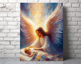 Guardian Angel with Sleeping Boy Printable Wall Art: Christian impasto painting of angel and child (Digital Download)