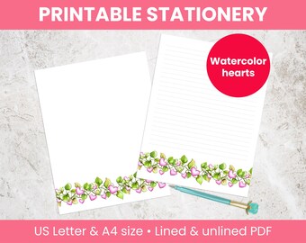 Herzen Briefpapier zum Ausdrucken: Liniert & unliniert, Aquarell Briefpapier zum Ausdrucken, US Letter und A4 (Digitaler Download)