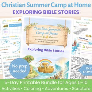 Campo estivo cristiano a casa (materiale stampabile): alla scoperta delle storie bibliche / Scuola biblica estiva a casa / Pacchetto di 5 giorni di campo estivo a tema religioso / Età 5-10 anni / Nessuna preparazione necessaria