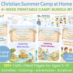 Christian Summer Camp at Home Printable: 4 Complete Themed Camps | VBS at Home | 4-Week Faith Camp Bundle #1 | Ages 5–10 | No Prep Needed