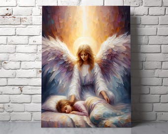 Guardian Angel with Sleeping Girl Printable Wall Art: Christian impasto painting of angel and child (Digital Download)