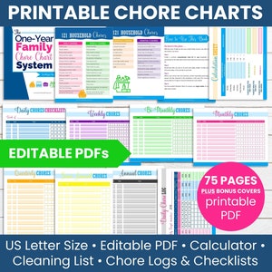 Chore Charts & Cleaning Checklist Printable: Editable cleaning planner and schedule for family, adults, kids, ADHD