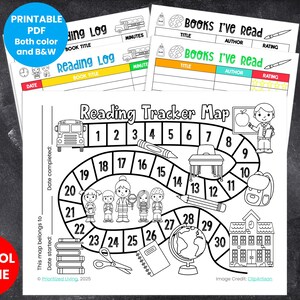 May include: Black and white printable reading tracker and reading log sheets with a school theme. The reading tracker map features a path with numbers, school-related illustrations, and the text "Reading Tracker Map". The reading log sheets have spaces for book titles, dates, and ratings.