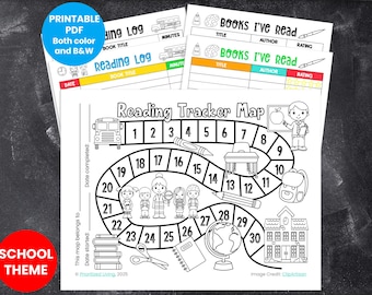 Reading Tracker Map Printable: School Theme | Kids Reading Log & Treasure Map | Summer Reading Tracker | Book Log (Digital Download)