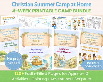 Christian Summer Camp at Home Printable: 4 Complete Themed Camps | VBS at Home | 4-Week Faith-Based Camp Bundle | Ages 5–10 | No Prep Needed