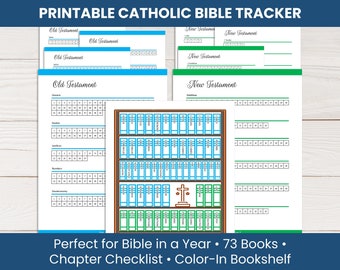 Op de afbeelding: Printbare katholieke Bijbeltracker met een inkleurbare boekenkastontwerp. De tracker bevat een checklist voor elk boek van de Bijbel, met ruimte om voltooide hoofdstukken af te vinken. De tekst luidt "Perfect voor de Bijbel in een jaar - 73 boeken - Hoofdstukchecklist - Inkleurbare boekenkast."