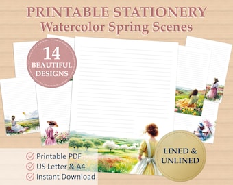 Ensemble de papeterie imprimable : papier à lettres aquarelle | Papier à lettres imprimable | Papeterie printanière | 14 modèles | Doublé et non doublé