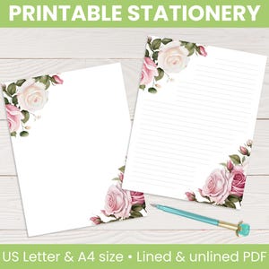 Pink Rose Corners Printable Stationery: Lined & unlined, floral letter writing paper, US Letter Size and A4 (Digital Download)