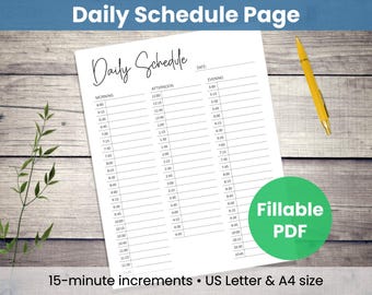 Tagesablaufplaner ausdrucken: Minimalistische Vorlage | 15-Minuten-Planer, Stundenplan | Zuhause + Arbeit (Digitaler Download & ausfüllbares PDF)