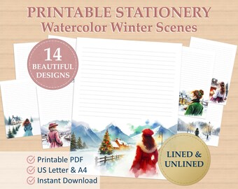 Printable Stationery Set: Watercolor Writing Paper | Letter Writing Paper Printable | Winter Stationery | 14 Designs | Lined & Unlined