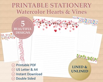 Briefpapier Set: Aquarell Briefpapier | Briefpapier bedruckbar | Herzen Briefpapier | 5 Designs | Liniert & Ungefüttert