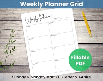 Wochenplaner Grid Printable: Minimalistische Vorlage | 7-Tage-Plan, Start Sonntag oder Montag | Zuhause + Arbeit (Digitaler Download & ausfüllbares PDF)