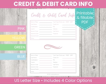 Credit and Debit Card Info Tracker Printable: Credit card tracker and debit card tracker (Digital Download & Fillable PDF)