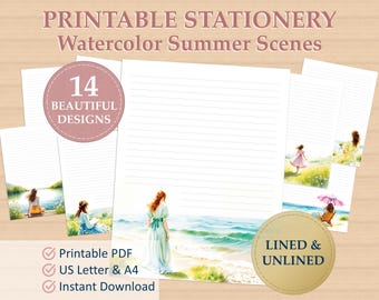 Briefpapier Set: Aquarell Briefpapier | Briefpapier bedruckbar | Sommer Briefpapier | 14 Designs | Liniert & Ungefüttert
