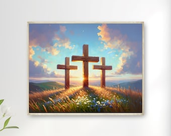Easter Morning Crosses Printable Wall Art: Christian impasto painting of Jesus' Resurrection after Good Friday (Digital Download)