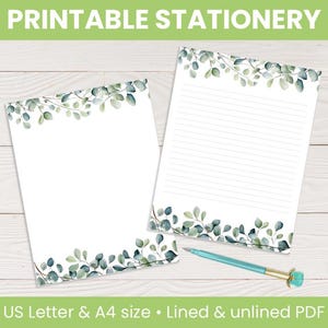 Papelería imprimible: bordes de hojas / con y sin rayas, papel floral para escribir cartas, páginas de diario, páginas de notas, tamaño carta de EE. UU. y A4
