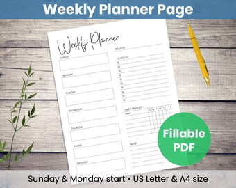 Wochenplaner Printable: Minimalistische Vorlage | 7-Tage-Zeitplan, To-Do-Liste, habit tracker, So + Mo Start (Digitaler Download & ausfüllbares PDF)