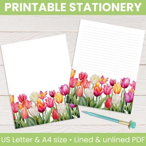 Papelería imprimible: Tulipanes / Papel con y sin rayas, papel floral para escribir cartas, páginas de diario, páginas de notas, tamaño carta de EE. UU. y A4