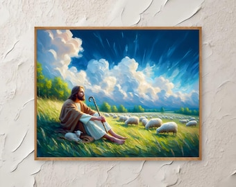 Jesus the Good Shepherd Printable Wall Art: Christian impasto painting (Digital Download)